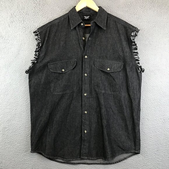 Vintage American Biker Shirt Mens L Black Sleeveless Cut Off Bike Rally Sturgis - Picture 2 of 7